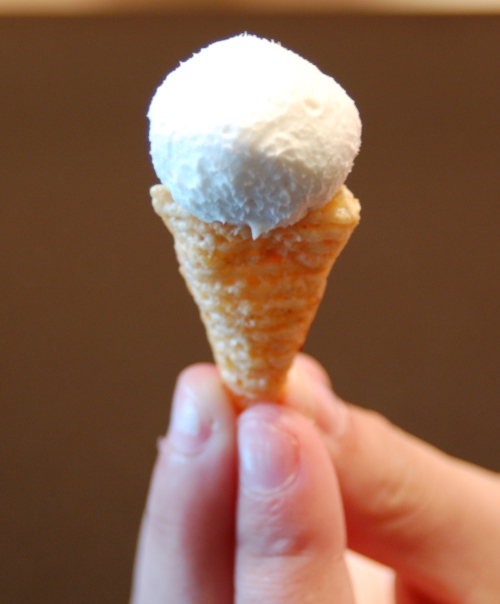 This mini cone is really a Bugle and a "scoop" of seasoned cream cheese (you can use a melon ball-er, or just roll in the palm of your hands). Kids like sugared cream cheese and fruit-flavored (think strawberry) cream cheese. Bigger kids enjoy salt-and-white-pepper (vanilla) and smoked-salmon (strawberry) flavors.